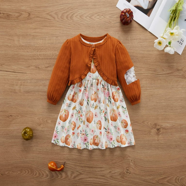 GYRATEDREAM Baby Girls Dress and Cardigan Set for Halloween Pumpkin Print  Toddler Spring Fall Dress Long Sleeve Ruffle Shrug Tops 1-5Y Coffee -  Walmart.com