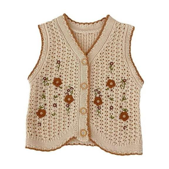 GYRATEDREAM Baby Girls Embroidered Cotton Vintage Sweater Vest Knitted Cardigan Khaki for 3M-3T