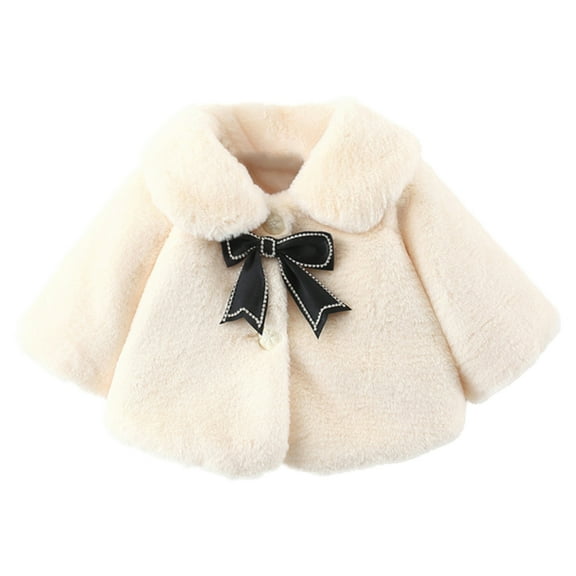 GYRATEDREAM Baby Girls Faux Fur Warm Cloak Coat Cute Winter Furry Cape Jacket Fluffy Plush Fleece Outwear with Bowknot for 4-5Y White