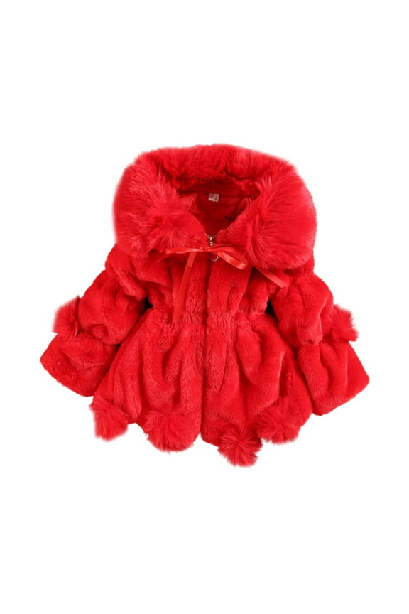 Baby Girls Faux Fur Warm Cloak Coat Cute Winter Furry Cape Jacket Fluffy Plush Fleece Outwear with Bowknot for 4Y Red