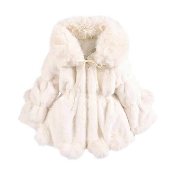 GYRATEDREAM Baby Girls Faux Fur Warm Cloak Coat Cute Winter Furry Cape Jacket Fluffy Plush Fleece Outwear with Bowknot for 4Y White