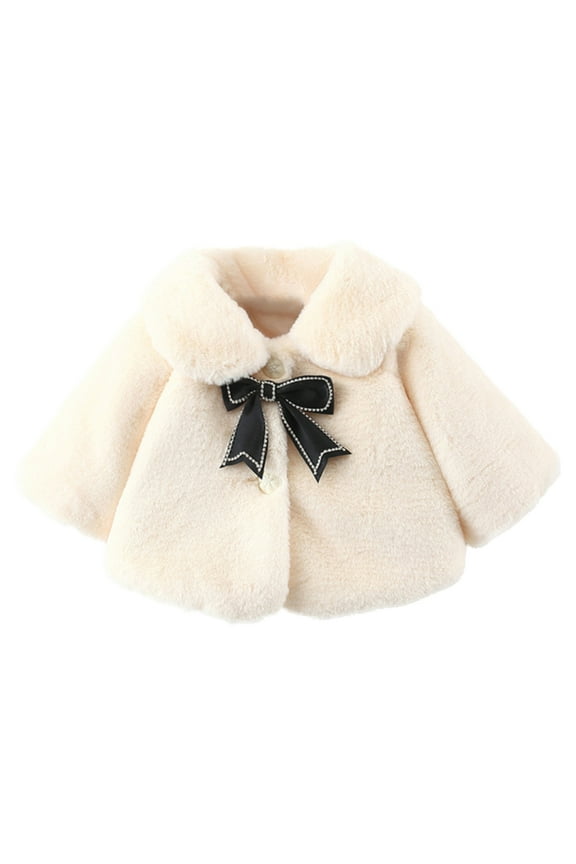Baby Girls Faux Fur Warm Cloak Coat Cute Winter Furry Cape Jacket Fluffy Plush Fleece Outwear with Bowknot for 6-12M White