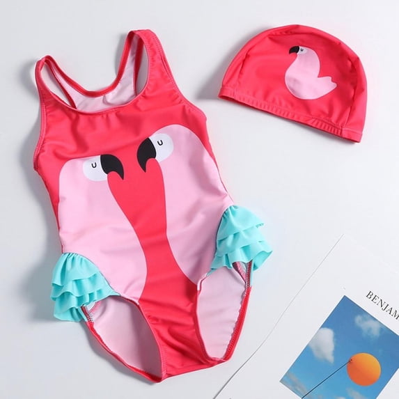 GYRATEDREAM Baby Girls One Piece Swimwear Toddler Kids Girls Swimsuit Cute Ruffled Bathing Suits With Swim Cap 4-5 Years