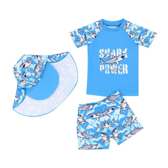 GYRATEDREAM Baby Toddler Boys Two Pieces Swimsuit Set Swimwear Dinosaur Shark Bathing Suit Rash Guards with Hat UPF 50+ for 3-4T Blue