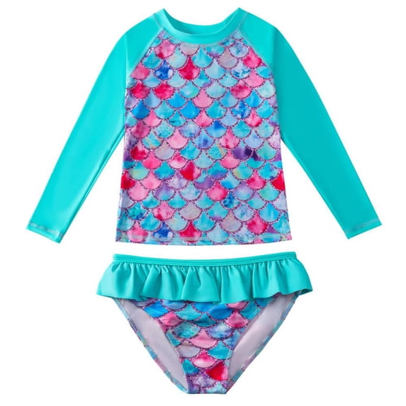 GYRATEDREAM Baby Toddler Girls Mermaid Fish Rash Guard 2-Piece Swimsuit Set - Long Sleeve Bikini with UPF 50+ Sun Protection 3-4 Years
