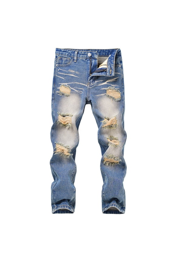 Boy's Skinny Ripped Jeans Destroyed Distressed Taper Zipper Denim Jeans Pants with Holes