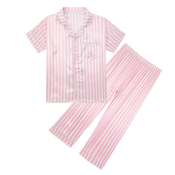 GYRATEDREAM Boys Girls Satin Pajamas Set Silk Pjs Short Sleeve Kids 2 Piece Sleepwear Button-Down Nightwear 5-14Y