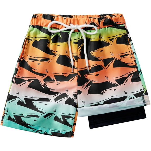 GYRATEDREAM Boys Swim Trunks with Boxer Brief Liner Boys Swimwear Quick Dry Bathing Suit Toddler Swim Trunks 5-16 Years