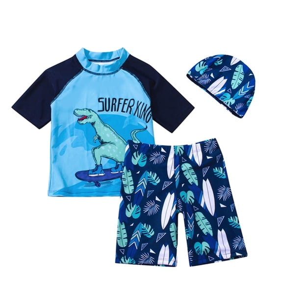 GYRATEDREAM Boys Two Piece Rash Guard Swimsuits Kids Short Sleeve Swimwear Sets Bathing Suit with Sun Hat for 2-3T Navy Blue