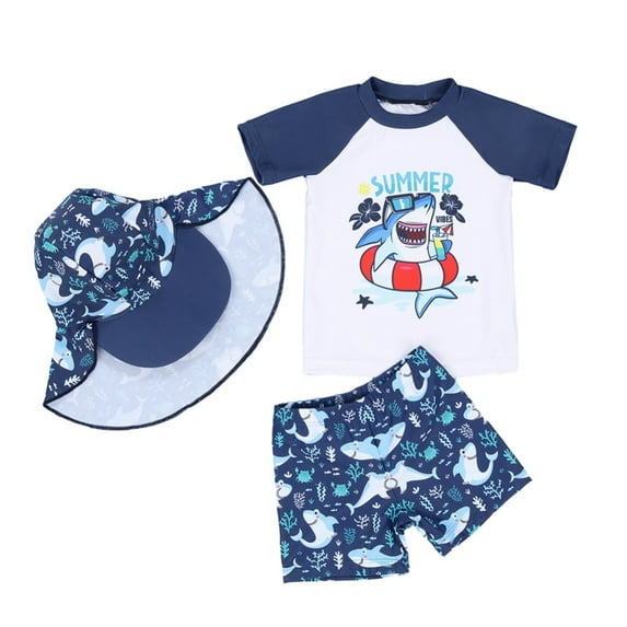 GYRATEDREAM Boys Two Piece Rash Guard Swimsuits Kids Short Sleeve Swimwear Sets Bathing Suit with Sun Hat for 3-4T White