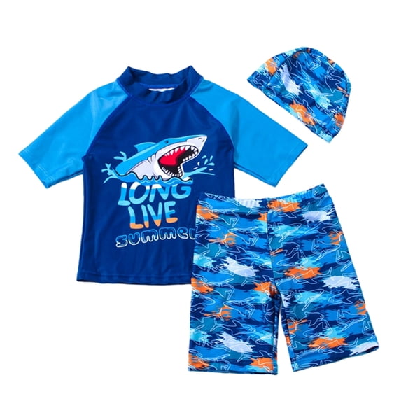GYRATEDREAM Boys Two Piece Rash Guard Swimsuits Kids Short Sleeve Swimwear Sets Bathing Suit with Sun Hat for 4-5T Dark Blue