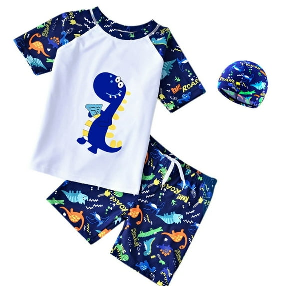 GYRATEDREAM Boys Two Piece Rash Guard Swimsuits Kids UPF 50+ Dinosaur Print Sunsuit Swimwear Sets Bathing Suit for 2XL White1