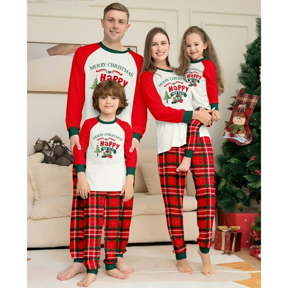 GYRATEDREAM Christmas Family Matching Pajamas Set Printed Top Plaid Pants Sleepwear Holiday Xmas Pajamas PJs