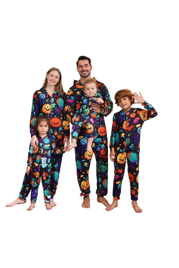 Family Matching Halloween Jumpsuit Pajamas, Funny Skeleton Pumpkin Printed Hooded Zipper PJs Loungewear for Men/Women/Kids/Baby One-pieces