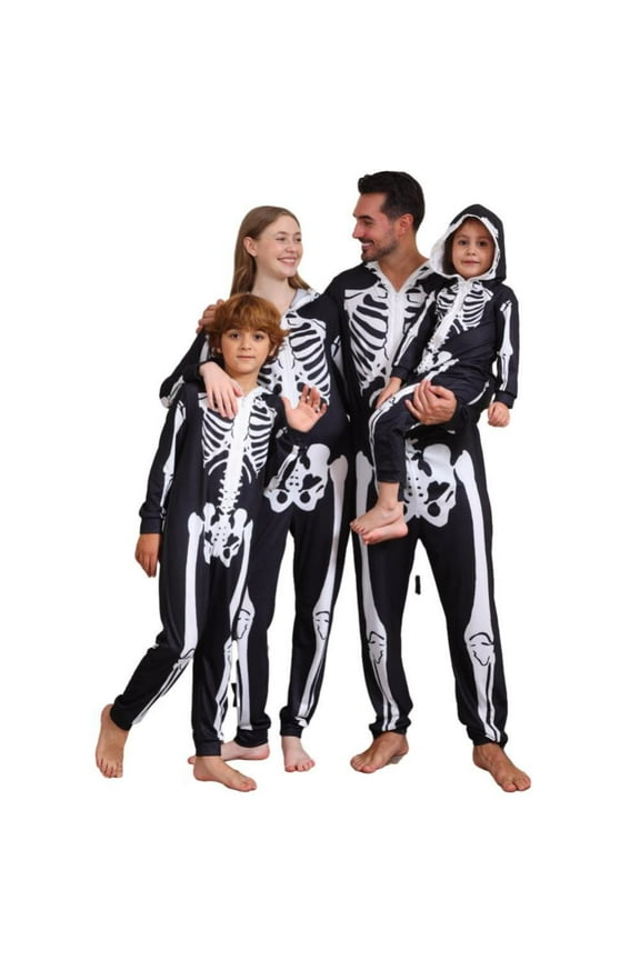 Family Matching Halloween Onesie Pajamas, Funny Skeleton Printed Hooded Zipper PJs Loungewear Sleepwear One-Piece Pjs for S(Mom) Black