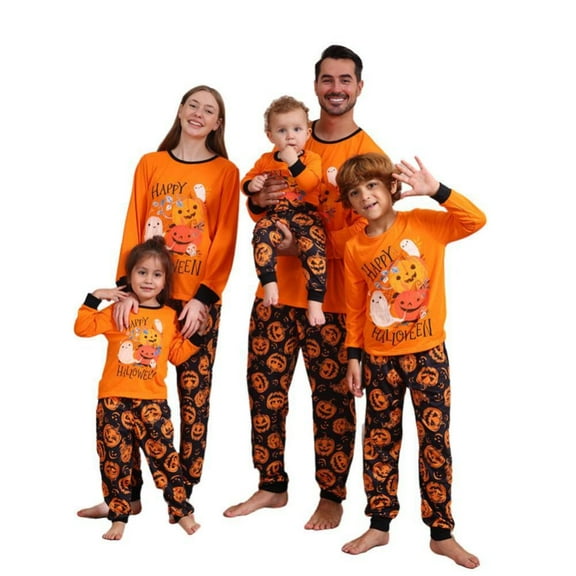 GYRATEDREAM Family Matching Halloween Pajamas Sets Dad/Mom/Kids Long Sleeve Happy Halloween Pumpkin Print 2 Piece Pjs Funny Sleepwear Jammies for 1-2Y(Kids) Orange