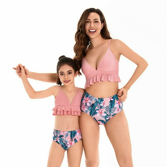 GYRATEDREAM Family Matching Swimsuits Two Pieces Ruffles V Neck Bikini Set Mommy and Me Bathing Suits