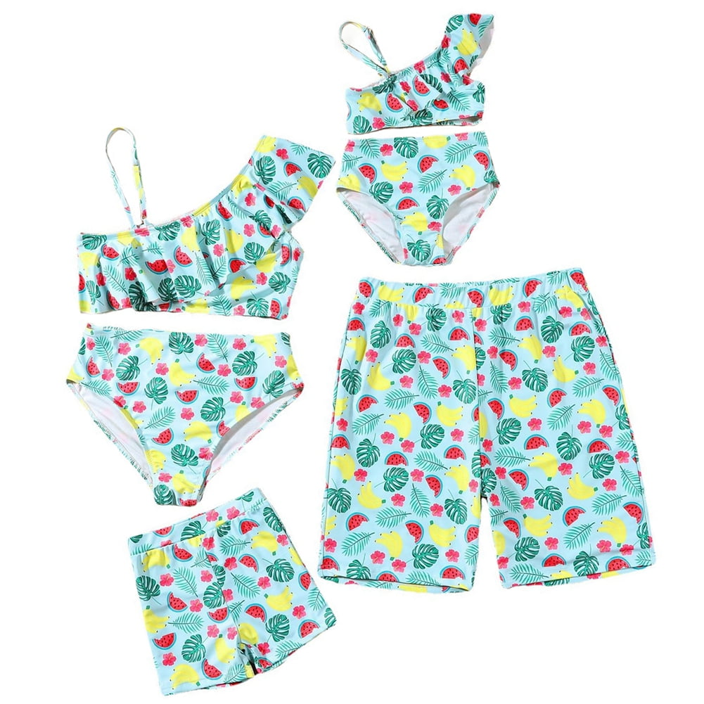 GYRATEDREAM Family Matching Swimsuits Two Pieces Tankini Set Leaf Print One Shoulder Ruffles