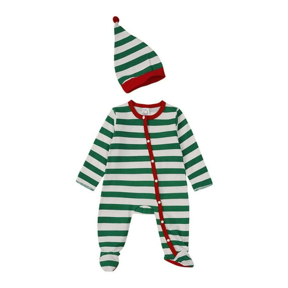 GYRATEDREAM My First Christmas Baby Boy/Girl Outfit Infant Stripe Jumpsuit Zipper Up Bodysuit Hat 2Pcs Set Toddler Cute Xmas Winter Clothes Green for 3-24M