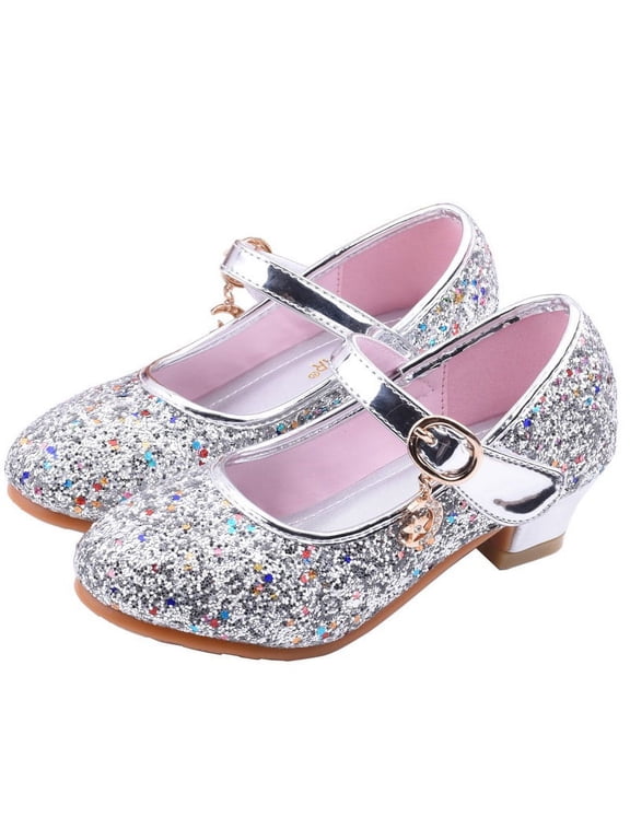 Flower Girls Mary Jane Bridesmaids Dress Shoes Toddler Kids Wedding Party Sparkle High Heel Princess Shoes Glitter Flat Shoes