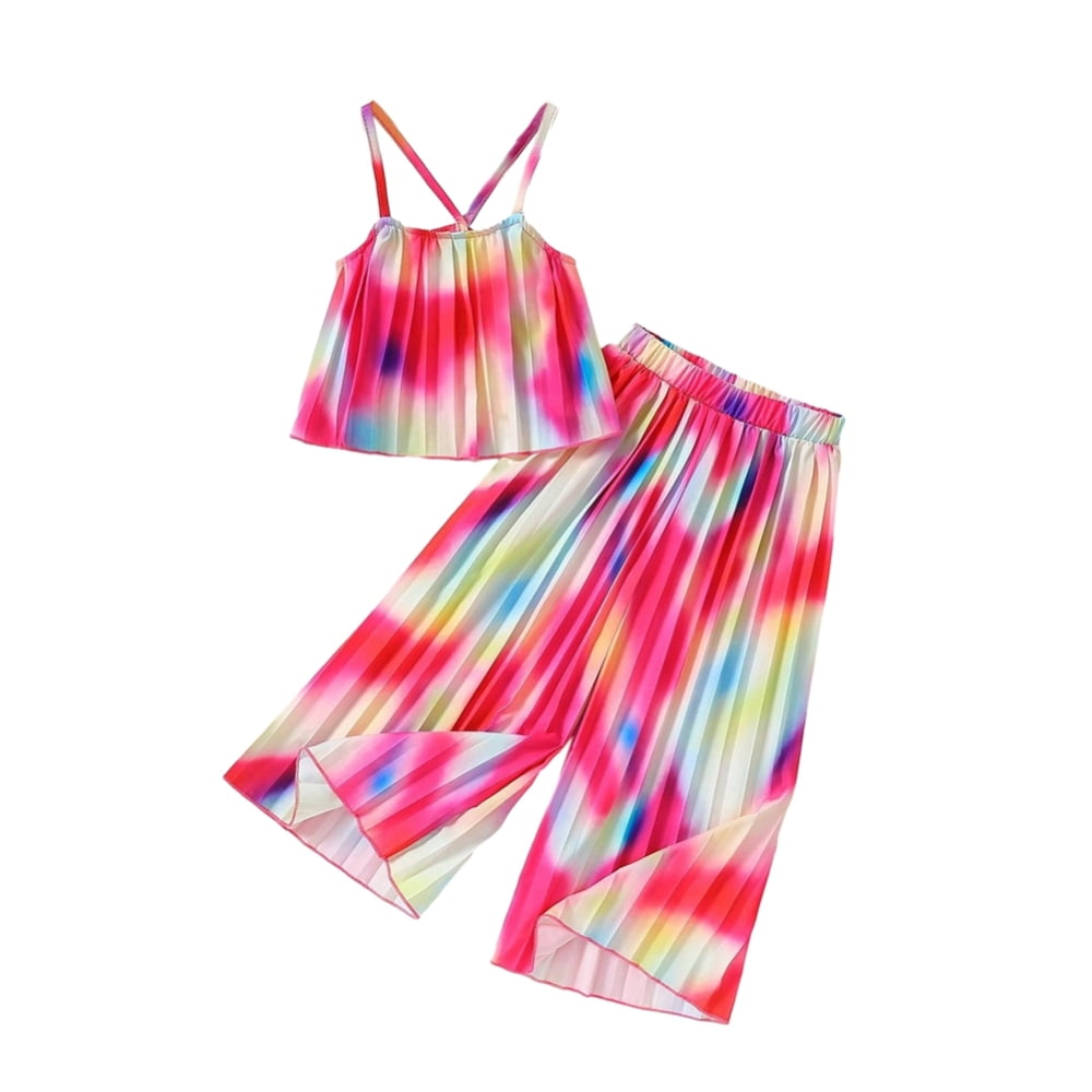 Rainbow Striped Girls' Summer Outfit – Cotton Top & Pants Set