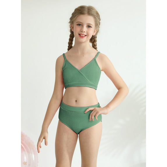 GYRATEDREAM Girl's 2 Piece Swimsuit Solid V Neck Spaghetti Strap Bikini Sets Beach Bathing Suit Swimwear for Teen Kids