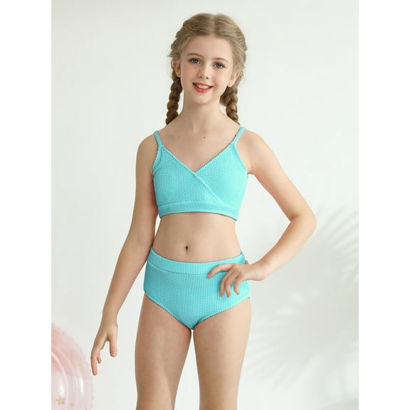 GYRATEDREAM Girl's 2 Piece Swimsuit Solid V Neck Spaghetti Strap Bikini Sets Beach Bathing Suit Swimwear for Teen Kids