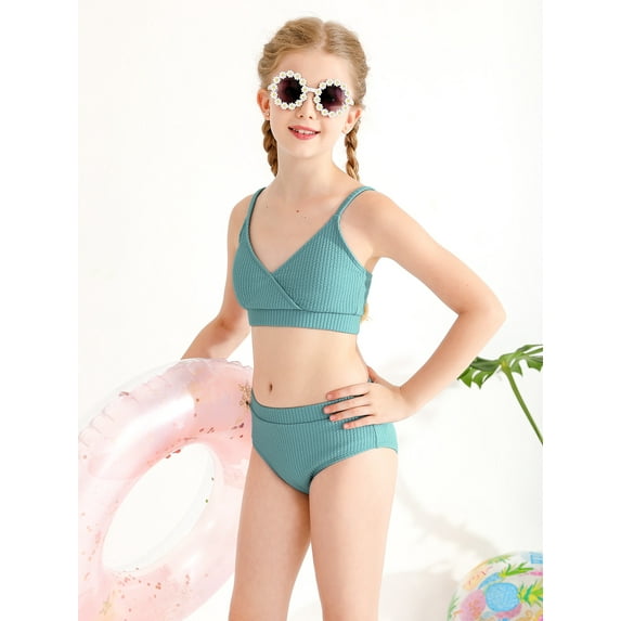 GYRATEDREAM Girl's 2 Piece Swimsuit Solid V Neck Spaghetti Strap Bikini Sets Beach Bathing Suit Swimwear for Teen Kids