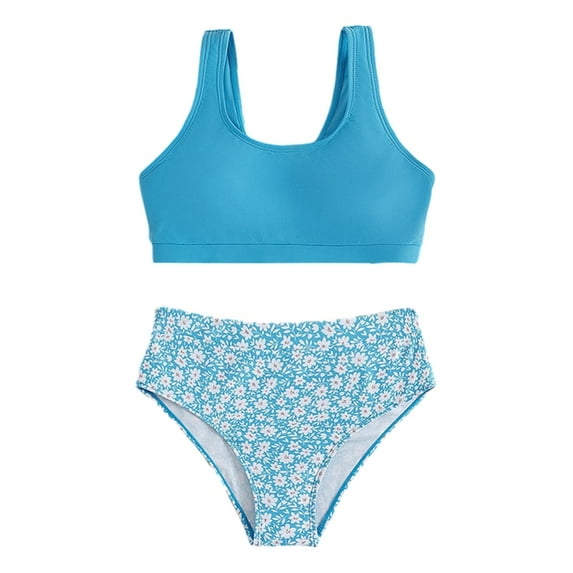 GYRATEDREAM Girl's 2 Piece Swimsuit Sport High Waist Teen Kids Bikini Set Bathing Suit Swimwear for 8-14Y Blue