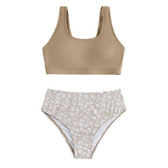 GYRATEDREAM Girl's 2 Piece Swimsuit Sport High Waist Teen Kids Bikini Set Bathing Suit Swimwear for 8-14Y Brown