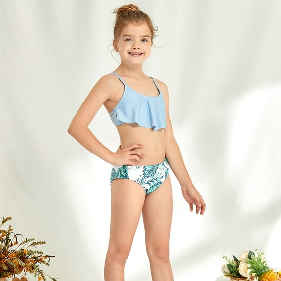 GYRATEDREAM Girl's 2 Piece Swimsuits Flounce Bikini Top High Waisted Bottom Bathing Suits Summer Beach Swimwear, 8-9 Years