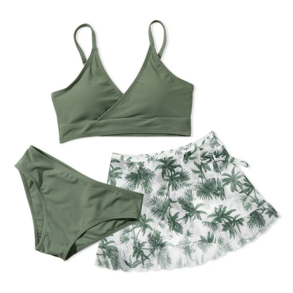 GYRATEDREAM Girl's 3 Piece Bikini Swimsuit Cute V Neck Bathing Suits with Cover Up Floral Beach Skirt 8-14 Years