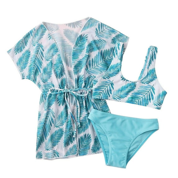 GYRATEDREAM Girl's 3 Piece Print High Waisted Bikini Swimsuit with Kimono Cover Up Bathing Suit Outfits Quick Dry Swimwear