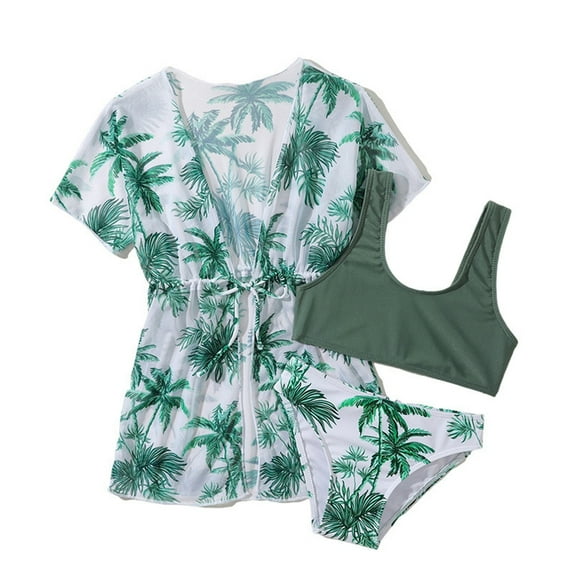 GYRATEDREAM Girl's 3 Piece Print High Waisted Bikini Swimsuit with Kimono Cover Up Bathing Suit Outfits Quick Dry Swimwear
