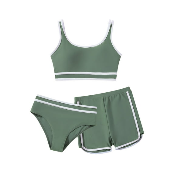 GYRATEDREAM Girl's 3 Piece Swimsuits Color Block Spaghetti Strap Wireless Bikini High Waisted Bathing Suit with Cover Up Shorts