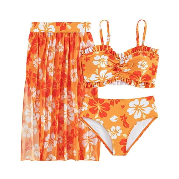 GYRATEDREAM Girl's 3 Piece Swimsuits Criss Cross Wrap Bikini Set Bathing Suits with Tropical Print Cover Up for 11Y