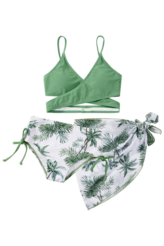 Girl's 3 Pieces Bikini Set Wrap Criss Cross Swimsuit Bathing Suit with Beach Skirt 8-14 Years