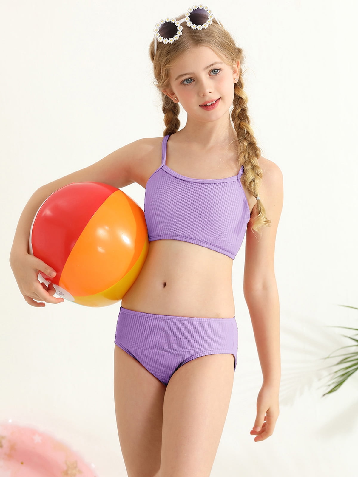 GYRATEDREAM Girl's Cute Two Piece Ribbed Swimsuit Adjustable