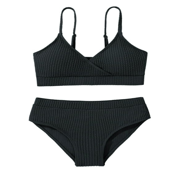 GYRATEDREAM Girl's Cute Two Piece Swimsuit V Neck Spaghetti Strap Wireless Bikini Set Kids Tankini Bathing Suit Sport Swimwear for 9-10Y Black