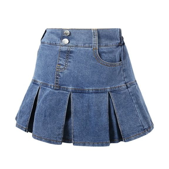 GYRATEDREAM Girl's High Waist Denim Skirts Hem Pleated Skirt Casual Regular Fit Denim Skirt, 8-9 Years