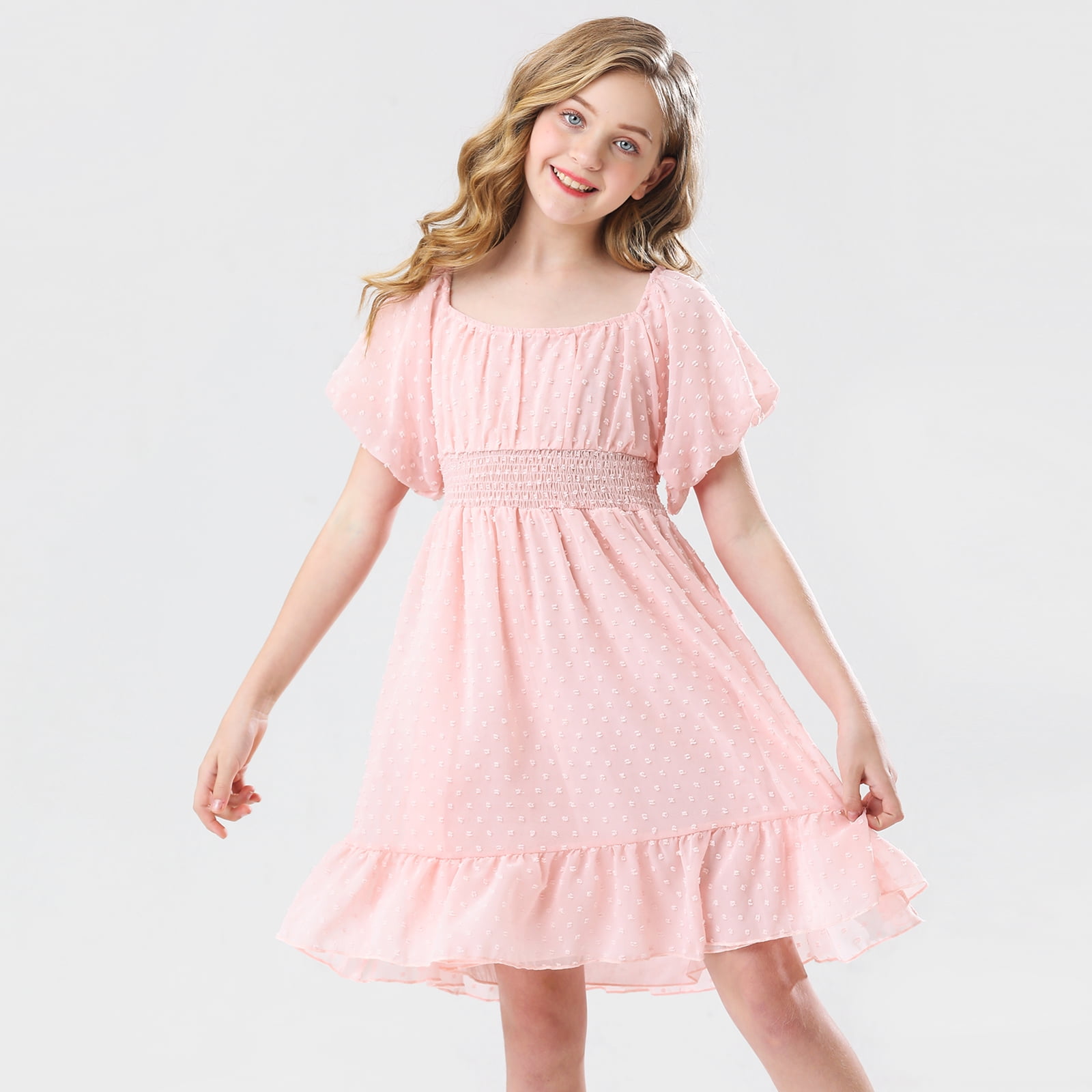 GYRATEDREAM Girl's Puff Sleeve Square Neck Polka Dots Pleated Hem Solid  Chiffon A Line Birthday Party Dress 6-12 Years