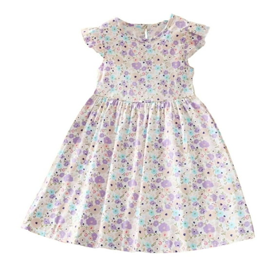 GYRATEDREAM Girl's Summer Dresses Kids 2024 Floral Print Short Sleeve A Line Casual Elegant Dresses Sundress Princess Dress for 3-4Y Purple