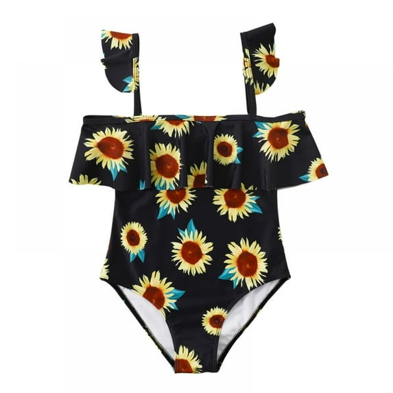 GYRATEDREAM Girl's Swimwear Print Ruffled Trim Sleeveless One Piece Swimsuits Spaghetti Strap Bathing Suit, Size 7-8 Years