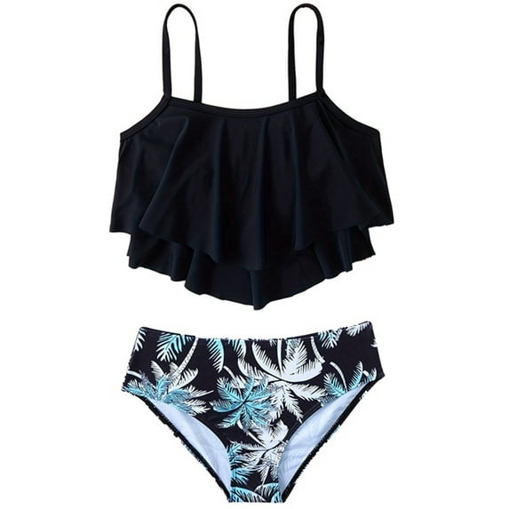 GYRATEDREAM Girls 2-Piece Bathing Suit Kids Sleeveless Adjustable Spaghetti Strap Hawaii Print Swimsuit Tankini Sets Children Beach Vacation Swimwear Black for 8-14 Years
