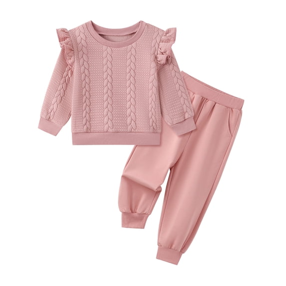 GYRATEDREAM Girls 2 Piece Outfit Cable Textured Ruffle Sweatshirt Jogger Pants Set, 18M-6T Kids Casual Tracksuit