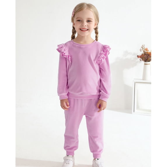 GYRATEDREAM Girls 2 Piece Outfits Kids Velour Sweatsuit Fall Tracksuits Ruffle Long Sleeve Pullover Sweatpants Clothing Sets
