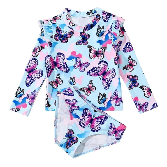 GYRATEDREAM Girls 2-Piece Swimsuit Set Long Sleeve Rash Guard Bathing Suit with UPF 50+ Sun Protection, Blue 3-4 Years