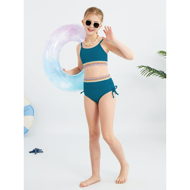 GYRATEDREAM Girls 2 Piece Swimsuit Woven Color Block Welt Adjustable Straps Swimwear Top High Waisted Bottom Bikini Sets Bathing Suits