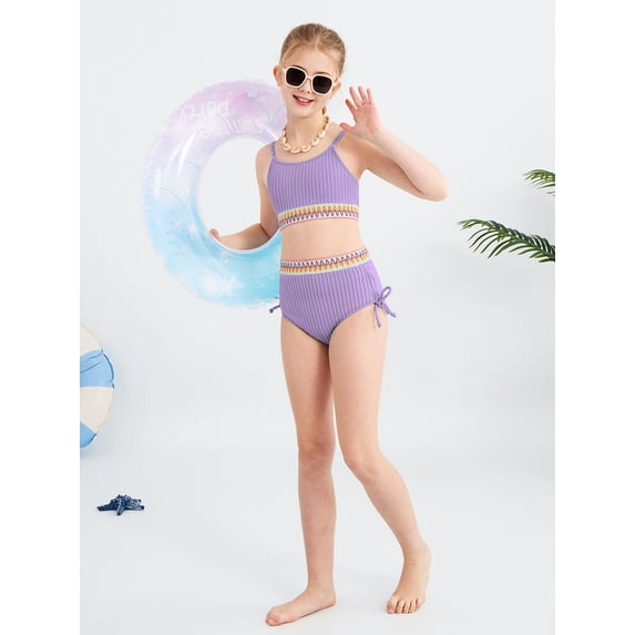 GYRATEDREAM Girls 2 Piece Swimsuit Woven Color Block Welt Adjustable Straps Swimwear Top High Waisted Bottom Bikini Sets Bathing Suits