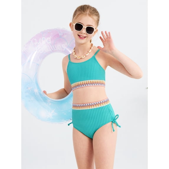 GYRATEDREAM Girls 2 Piece Swimsuit Woven Color Block Welt Adjustable Straps Swimwear Top High Waisted Bottom Bikini Sets Bathing Suits